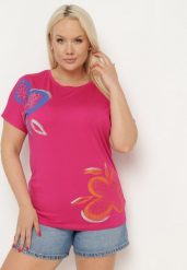 Ciemnoróżowy Klasyczny T-shirt z Bawełny Ozdobiony Nadrukiem i Cyrkoniami Kristinae. Czerwone bluzki damskie Born2be, l, z aplikacjami, z bawełny, klasyczne, bez kołnierzyka. Za 29.99 zł.