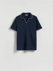 Strukturalna koszulka polo - granatowy. Niebieskie koszulki polo męskie Reserved, l, bez wzorów, z bawełny, bez ramiączek. W wyprzedaży za 59.99 zł.