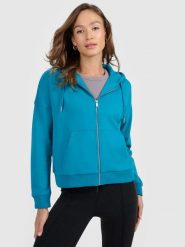 4F Bluza dresowa rozpinana z kapturem damska - turkusowa L. Niebieskie bluzy damskie 4f, l, bez wzorów, z bawełny, z kapturem. Za 169.99 zł.