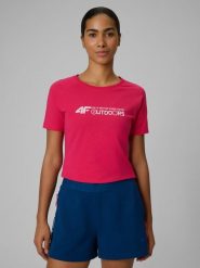 4F T-shirt slim z nadrukiem damski - różowy XS. Czerwone t-shirty damskie 4f, l, bez wzorów, z materiału, bez kołnierzyka. Za 59.99 zł.