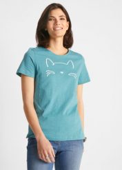 Shirt z krótkim rękawem i nadrukiem z motywem kota. Niebieskie t-shirty damskie bonprix, bez wzorów, z bawełny, bez kołnierzyka. Za 52.99 zł.