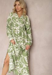 Zielona Rozkloszowana Sukienka w Kroju Szmizjerki z Zapięciem na Guziki i Falbanką Kelloena. Zielone sukienki damskie Renee, na lato, l, bez wzorów, z materiału, bez kołnierzyka, bez ramiączek, maxi, rozkloszowane. Za 89.99 zł.