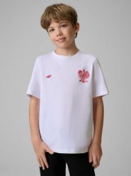 4F Koszulka kibica dziecięca - biała 128 (7-8 lat). Białe t-shirty i topy dla dziewczynek 4f, bez wzorów, z bawełny, bez ramiączek. Za 39.99 zł.