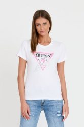 GUESS Biały T-shirt Icon Tee. Białe t-shirty damskie Guess, s, z aplikacjami, bez kołnierzyka. W wyprzedaży za 181.99 zł.