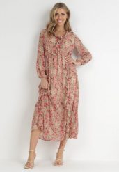 Beżowo-Różowa Sukienka Rozkloszowana w Kwiaty z Gumką w Pasie Veprime. Brązowe sukienki damskie Born2be, na imprezę, na lato, l, bez wzorów, klasyczne, bez kołnierzyka, bez ramiączek, maxi, rozkloszowane. Za 59.99 zł.