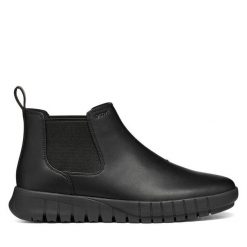 Sztyblety Geox. Czarne botki damskie Geox, bez obcasa, na płaskiej podeszwie, bez zapięcia. Za 549.99 zł.