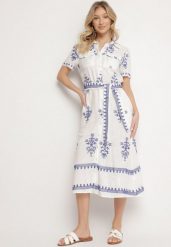 Biała Wiskozowa Sukienka Koszulowa z Haftowanym Wzorem i Paskiem Divalis. Białe sukienki damskie Born2be, na co dzień, l, bez wzorów, z wiskozy, eleganckie, bez kołnierzyka, bez ramiączek, midi, koszulowe. Za 139.99 zł.