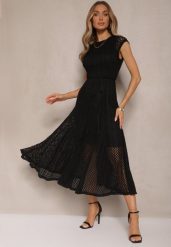 Czarna Ażurowa Sukienka o Rozkloszowanym Kroju Ozdobiona Paskiem Galorena. Czarne sukienki damskie Renee, na spotkanie biznesowe, l, w ażurowe wzory, z materiału, eleganckie, bez kołnierzyka, bez ramiączek, midi, rozkloszowane. Za 169.99 zł.