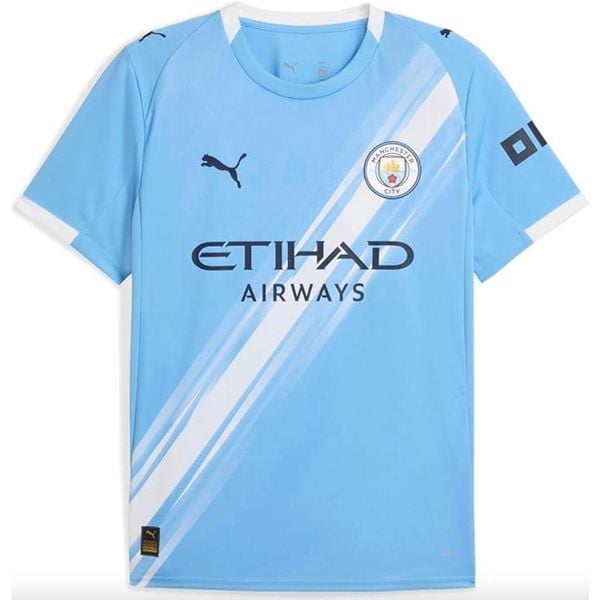 Koszulka domowa Manchesteru City 2025/26. Niebieskie koszulki sportowe męskie Puma, bez wzorów, bez kołnierzyka, bez ramiączek, do piłki nożnej. Za 422.50 zł.