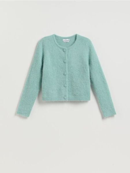 Kardigan z wełną alpaki - jasnoturkusowy. Niebieskie kardigany damskie Reserved, l, bez wzorów, z dzianiny. Za 259.99 zł.