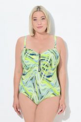 Damski Strój kąpielowy wzór w fale miękkie miseczki zamek błyskawiczny. Zielone kostiumy jednoczęściowe damskie Ulla Popken, plus size, bez wzorów, z elastanu, plus size, do pływania. Za 191.99 zł.