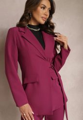 Ciemnofioletowa Marynarka z Trójkątnym Dekoltem z Paskiem w Talii Thuva. Fioletowe żakiety damskie Renee, l, bez wzorów, eleganckie. Za 139.99 zł.