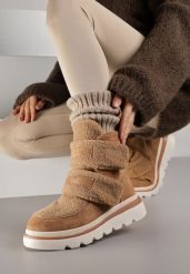 Brązowe Botki Typu Śniegowce na Platformie z Dwoma Ozdobnymi Rzepami Edarlia. Brązowe śniegowce i trapery damskie Renee, z jeansu. Za 139.99 zł.