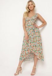 Zielono-Pomarańczowa Bawełniana Sukienka na Ramiączkach z Kopertowym Dekoltem i Asymetrycznym Rozcięciem Xiloa. Zielone sukienki damskie Born2be, na lato, m, bez wzorów, z bawełny, z asymetrycznym kołnierzem, bez ramiączek, asymetryczne. Za 69.99 zł.