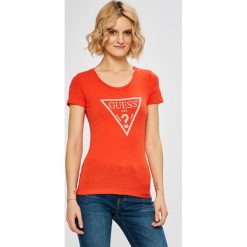 Guess Jeans - Top. Szare topy damskie Guess Jeans, z aplikacjami, z bawełny, z okrągłym kołnierzem, z krótkim rękawem. Za 169.90 zł.