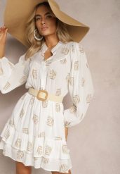 Biała Sukienka Mini w Liście o Rozkloszowanym Kroju z Falbanką Lairee. Białe sukienki damskie Renee, l, bez wzorów, bez kołnierzyka, bez ramiączek, mini, rozkloszowane. Za 139.99 zł.