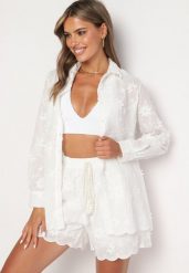 Biały Komplet Koszula z Długim Rękawem Szorty Tordia. Białe koszule damskie Born2be, uniwersalny, bez wzorów, z bawełny, eleganckie, bez kołnierzyka, bez ramiączek. Za 129.99 zł.