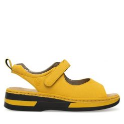 Sandały Rieker. Żółte klapki damskie Rieker, bez wzorów, bez obcasa, na płaskiej podeszwie, bez zapięcia. Za 299.99 zł.