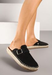 Czarne Klapki Typu Chodaki z Klamerką na Podeszwie z Plecionki Ziariana. Czarne klapki damskie Renee, bez wzorów, z jeansu, boho, bez obcasa, na płaskiej podeszwie. Za 64.99 zł.
