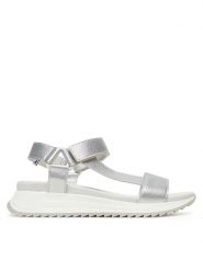 Rieker Sandały W2951-90 Srebrny. Szare sandały damskie Rieker, bez wzorów, ze skóry, bez obcasa, na koturnie, bez zapięcia. Za 279.99 zł.