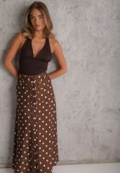 Brązowa Wiskozowa Spódnica High Waist w Kropki z Guzikami Tadalion. Brązowe spódnice damskie Renee, l, bez wzorów, z satyny, retro, z podwyższonym stanem, maxi. Za 139.99 zł.