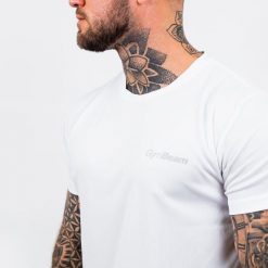 Koszulka męska fitness regular fit biała TRN. Białe koszulki sportowe męskie GYMBEAM, l, bez wzorów, z materiału, bez kołnierzyka, bez ramiączek, do biegania. Za 68.90 zł.