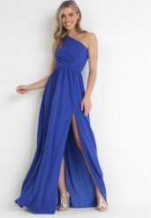 Granatowa Sukienka Maxi Na Jedno Ramię z Rozcięciem na Dole Jasminta. Niebieskie sukienki damskie Born2be, na imprezę, l, bez wzorów, eleganckie, z asymetrycznym kołnierzem, bez ramiączek, maxi, asymetryczne. Za 169.99 zł.