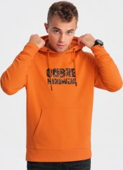 Ombre Męska bluza kangurka z kapturem i nadrukiem - pomarańczowa V1 OM-SSPS-0155 XL. Brązowe bluzy męskie Ombre, m, bez wzorów, z kapturem. Za 59.99 zł.