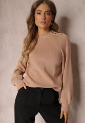 Beżowy Sweter Dzianinowy z Długim Rękawem i Guzikami Kithi. Brązowe swetry damskie Renee, bez wzorów, z dzianiny, casualowe, bez kołnierzyka, bez ramiączek, długie, bez kaptura. Za 129.99 zł.