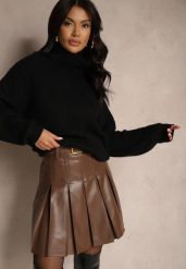 Brązowa Spódnica z Imitacji Skóry o Rozkloszowanym Kroju z Ozdobnym Paskiem Helezi. Brązowe spódnice damskie Renee, l, bez wzorów, ze skóry, eleganckie, mini, koszulowe. Za 129.99 zł.