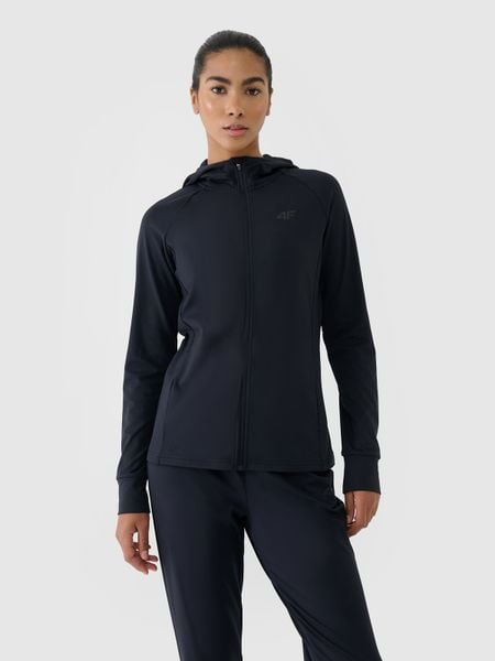 4F Bluza treningowa slim z kapturem damska - czarna XS. Czarne bluzy damskie 4f, xs, bez wzorów, z elastanu, z kapturem. Za 199.99 zł.