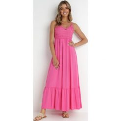 Fuksjowa Sukienka Stheuse. Czerwone sukienki damskie Born2be, na randkę, m, bez wzorów, z koronki, eleganckie, bez kołnierzyka, bez ramiączek, maxi, trapezowe. Za 109.99 zł.
