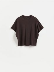 T-shirt oversize - ciemnobrązowy. Brązowe t-shirty damskie Reserved, l, bez wzorów, z bawełny, bez kołnierzyka. Za 69.99 zł.