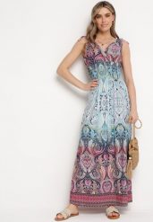 Jasnoniebieska Sukienka Boho na Lato ze Sznurkami na Ramionach i Gumką w Talii Aharleta. Niebieskie sukienki damskie Born2be, na lato, m, bez wzorów, boho, bez kołnierzyka, bez ramiączek, maxi. Za 49.99 zł.