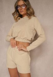 Beżowy Komplet z Bawełny w Sportowym Stylu Bluza z Kapturem i Szorty Izurea. Brązowe bluzy damskie Renee, na lato, bez wzorów, z bawełny, klasyczne. Za 89.99 zł.