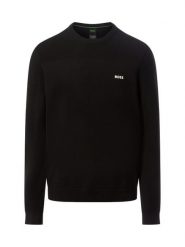 BOSS Green sweter z zawartością merynosów - Momentum Mężczyźni Sztuczne włókno czarny, L. Czarne swetry przez głowę męskie BOSS GREEN, l, bez wzorów, prążkowane, bez kołnierzyka. Za 649.95 zł.