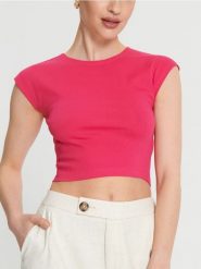 Koszulka crop top - różowy. Czerwone t-shirty damskie Sinsay, l, bez wzorów, z bawełny, bez kołnierzyka. Za 15.99 zł.