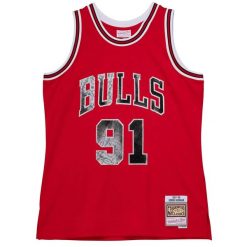 Koszulka Nba Chicago Bulls Dennis Rodman. Czerwone koszulki sportowe męskie Mitchell & Ness, bez wzorów, bez kołnierzyka, bez ramiączek, do koszykówki. Za 756.00 zł.