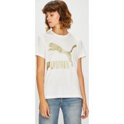 Puma - Top. Szare topy damskie Puma, z nadrukiem, z bawełny, z okrągłym kołnierzem, z krótkim rękawem. W wyprzedaży za 99.90 zł.