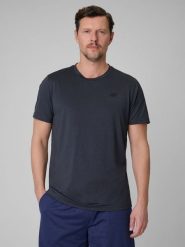 4F Koszulka treningowa regular szybkoschnąca męska - granatowa L. Czarne koszulki sportowe męskie 4f, l, bez wzorów, ze skóry, bez kołnierzyka, bez ramiączek, na fitness i siłownię. Za 89.99 zł.