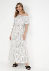 Biała Sukienka z Wiskozy Typhice. Białe sukienki damskie Born2be, na lato, l, bez wzorów, z materiału, bez kołnierzyka, bez ramiączek, maxi. Za 64.99 zł.