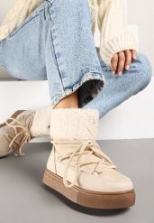 Beżowe Śniegowce Futerkowe na Platformie ze Sznurowaną Cholewką Izalithia. Brązowe śniegowce i trapery damskie Renee, z futra. Za 89.99 zł.