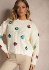 Jasnobeżowy Sweter z Wiskozą Zdobiony Cekinowymi Aplikacjami z Kwiatami Edalora. Brązowe swetry damskie Renee, l, z aplikacjami, z jeansu, casualowe, bez kołnierzyka, bez ramiączek, długie, bez kaptura. Za 84.99 zł.