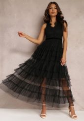 Czarna Sukienka Koktajlowa z Koronkową Górą i Rozkloszowanym Tiulowym Dołem Venisa. Czarne sukienki damskie Renee, na imprezę, m, bez wzorów, z koronki, eleganckie, bez kołnierzyka, bez ramiączek, maxi, rozkloszowane. Za 159.99 zł.