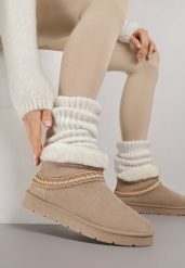 Ciemnobeżowe Wsuwane Śniegowce z Imitacji Zamszu Zdobione Haftem i Futerkiem Zetesse. Brązowe śniegowce i trapery damskie Born2be, z jeansu. Za 99.99 zł.