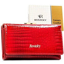 Średni portfel damski ze skóry naturalnej w czerwonym kolorze zamykany na bigiel i zatrzask RH-23-1-RS Rovicky. Czerwone portfele damskie ROVICKY, bez wzorów, z lakierowanej skóry. Za 99.00 zł.