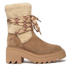 Botki Tamaris. Brązowe botki damskie Tamaris, bez obcasa, na słupku, bez zapięcia. Za 549.99 zł.