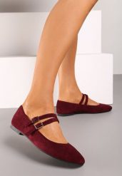 Bordowe Balerinki z Kwadratowym Noskiem z Ozdobnymi Paseczkami Nailone. Czerwone baleriny damskie Born2be, na lato, bez wzorów, eleganckie, bez obcasa, na płaskiej podeszwie. Za 49.99 zł.