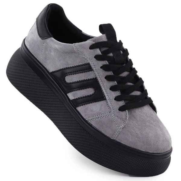 Skórzane półbuty damskie sneakersy na grubej podeszwie szare Filippo DP7175. Szare półbuty damskie Filippo, bez wzorów, ze skóry, sportowe, bez obcasa, bez zapięcia. Za 202.99 zł.