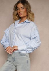 Jasnoniebieska Koszula z Bawełną i Szerokimi Rękawami Edioniela. Niebieskie bluzki damskie Renee, m, bez wzorów, z bawełny, eleganckie, bez kołnierzyka, bez ramiączek. Za 79.99 zł.